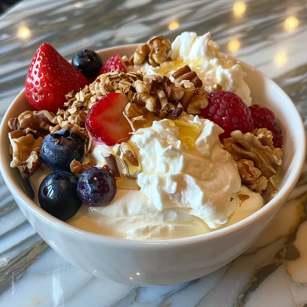 Delicious Greek yogurt with vibrant berries and nut garnish.