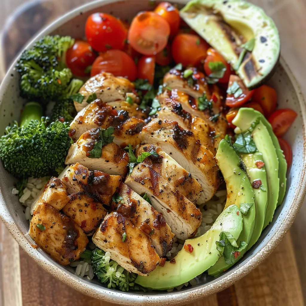 A vibrant veggie bowl with grilled chicken, bright cherry tomatoes, and sliced avocado arranged artistically.