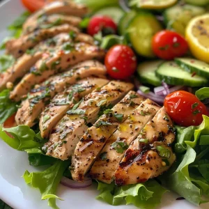 Side view of a fresh grilled lemon herb chicken salad showcasing tender chicken, greens, and an array of colorful toppings.