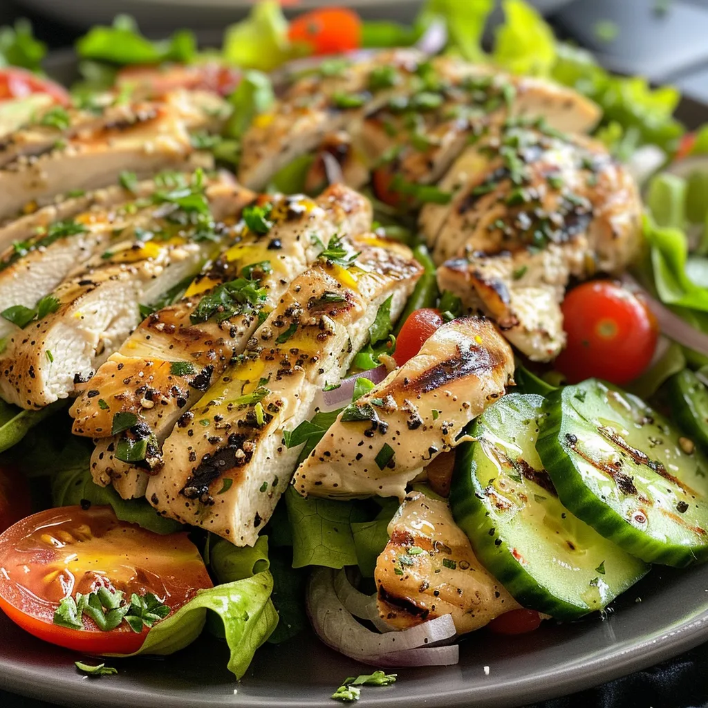 Delicious grilled lemon herb chicken salad displayed with juicy chicken pieces, mixed salad greens, and a variety of vegetables.