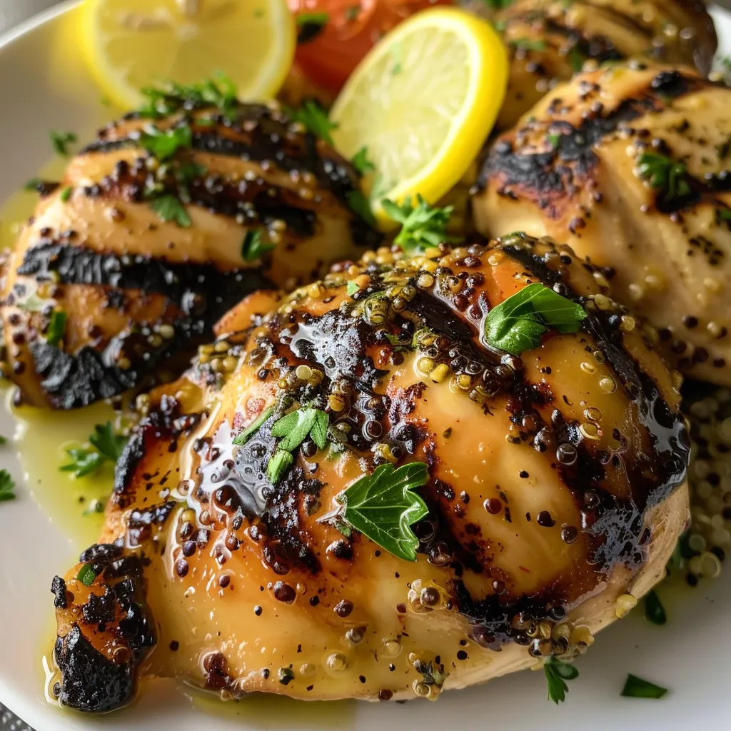 Side view of succulent grilled chicken with zesty lemon flavors, paired with quinoa and veggies.