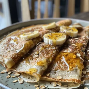 Juicy, fluffy crepes made from banana and oats, garnished with a sprinkle of cinnamon.