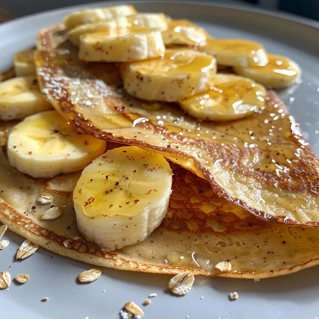 Healthy crepes made with ripe bananas and oats, served with fresh fruits on the side.