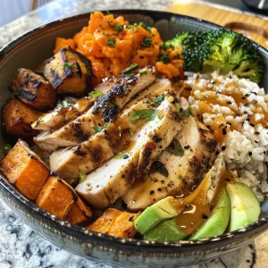 Close-up of a nourishing bowl featuring grilled chicken, sweet potato chunks, and mixed vegetables.