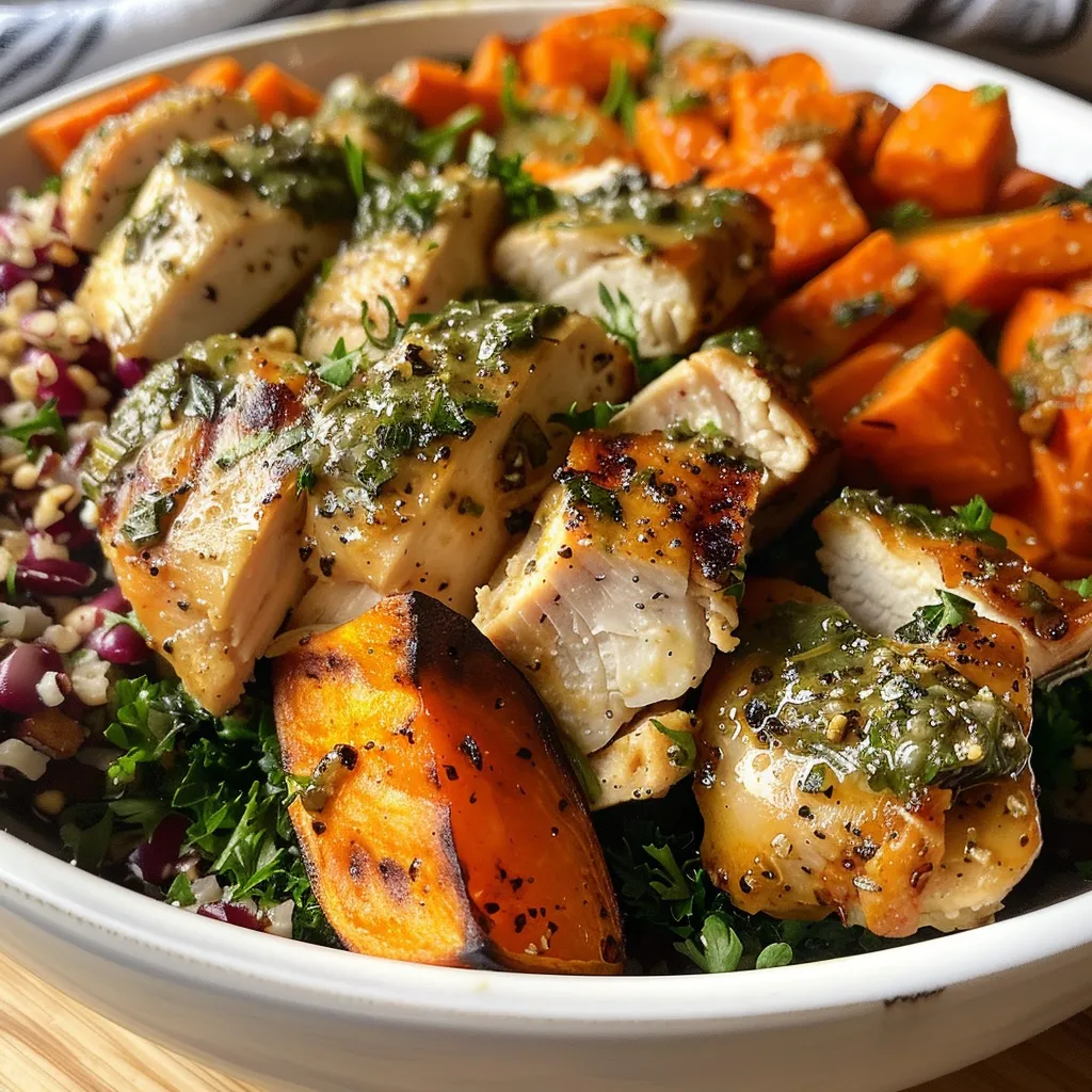 A delicious chicken and sweet potato bowl arranged with colorful toppings and herbs.