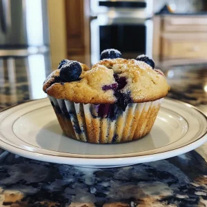 Juicy blueberry muffins made with Greek yogurt, presented on a rustic table.