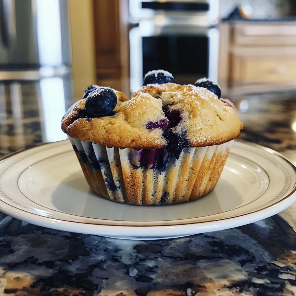 Juicy blueberry muffins made with Greek yogurt, presented on a rustic table.