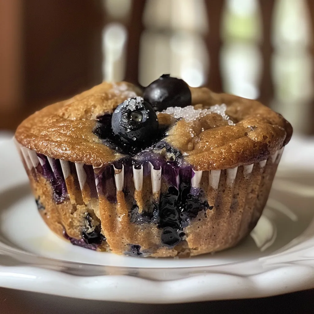 Freshly baked Greek yogurt blueberry muffins with a sprinkle of sugar.
