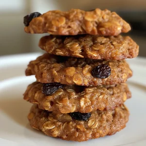 Juicy oatmeal raisin cookies stacked, emphasizing their moist interior and visible raisins.