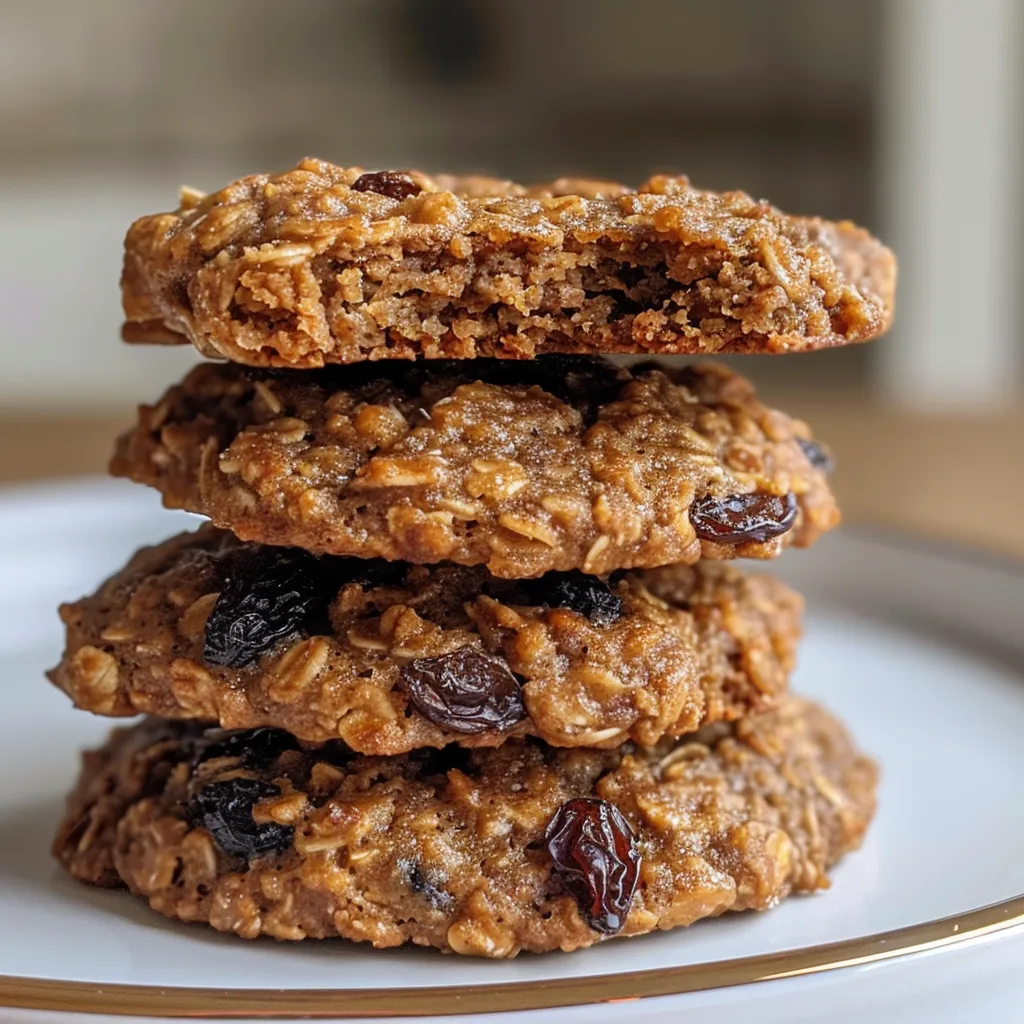 Detailed shot of oatmeal raisin cookies, showing their soft texture and wholesome ingredients.