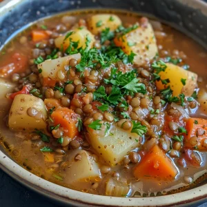 Detailed view of a steaming bowl of lentil and potato soup, showcasing the texture of the ingredients.