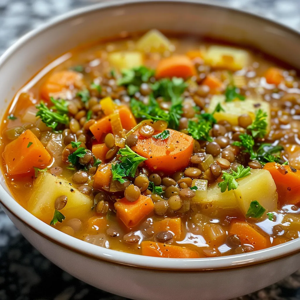 A vibrant bowl filled with hearty lentil and potato soup, featuring visible potatoes and lentils.