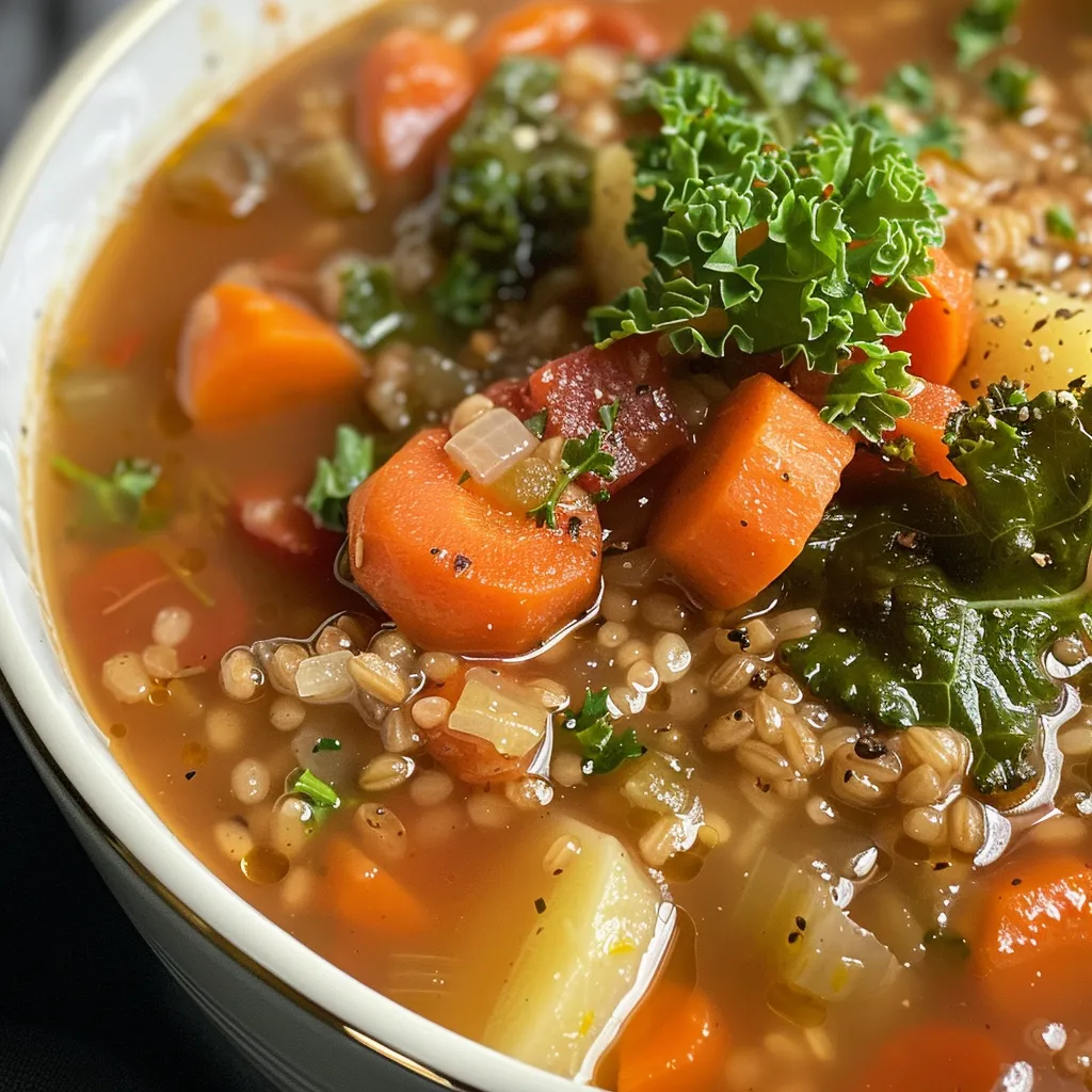 Thick soup featuring chunks of carrots, celery, and green kale in a rustic bowl.