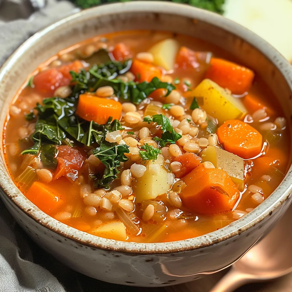 Rich vegetable and barley soup with a sprinkle of grated Parmesan and a lemon wedge on the side.