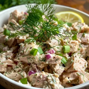 A appetizing side view of Herbed Tuna Salad topped with herbs and a drizzle of olive oil.