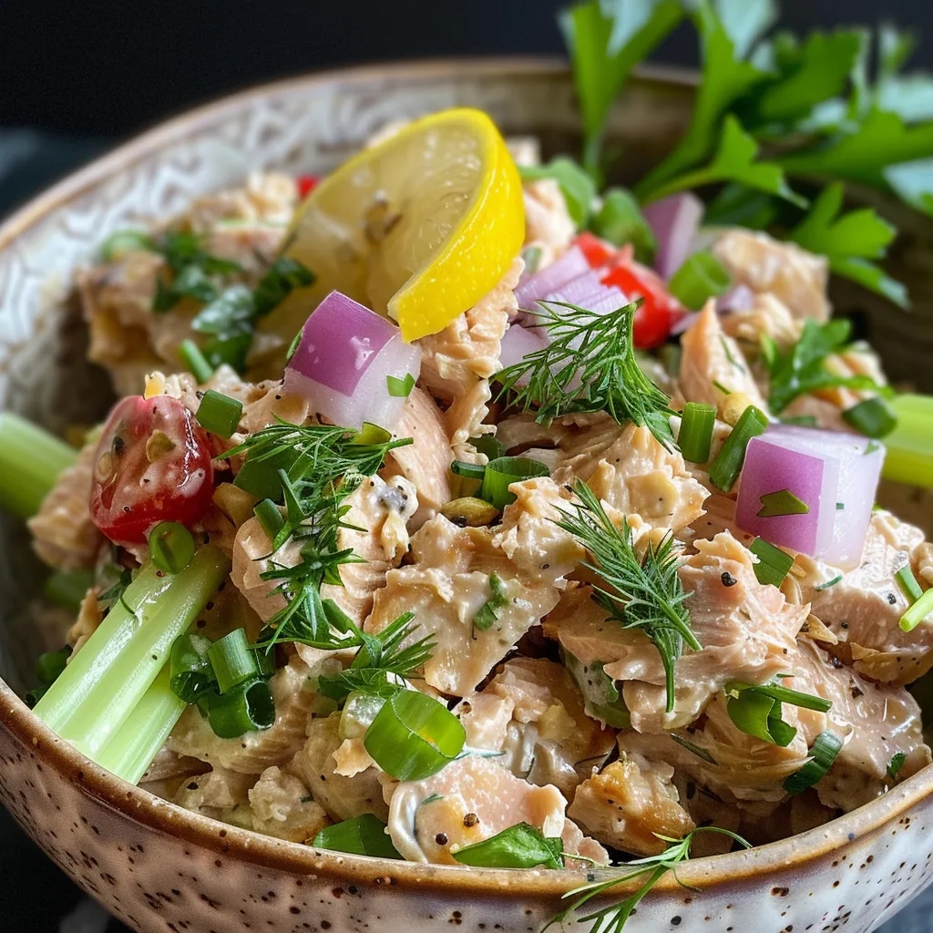A delicious serving of Herbed Tuna Salad with a mix of albacore tuna, greens, and lemon zest.