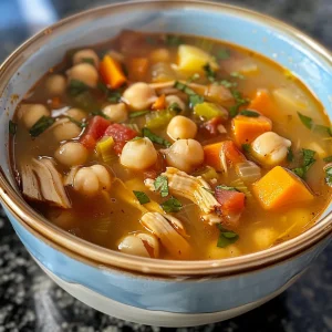 Delicious and colorful chickpea and chicken soup served in a bowl.