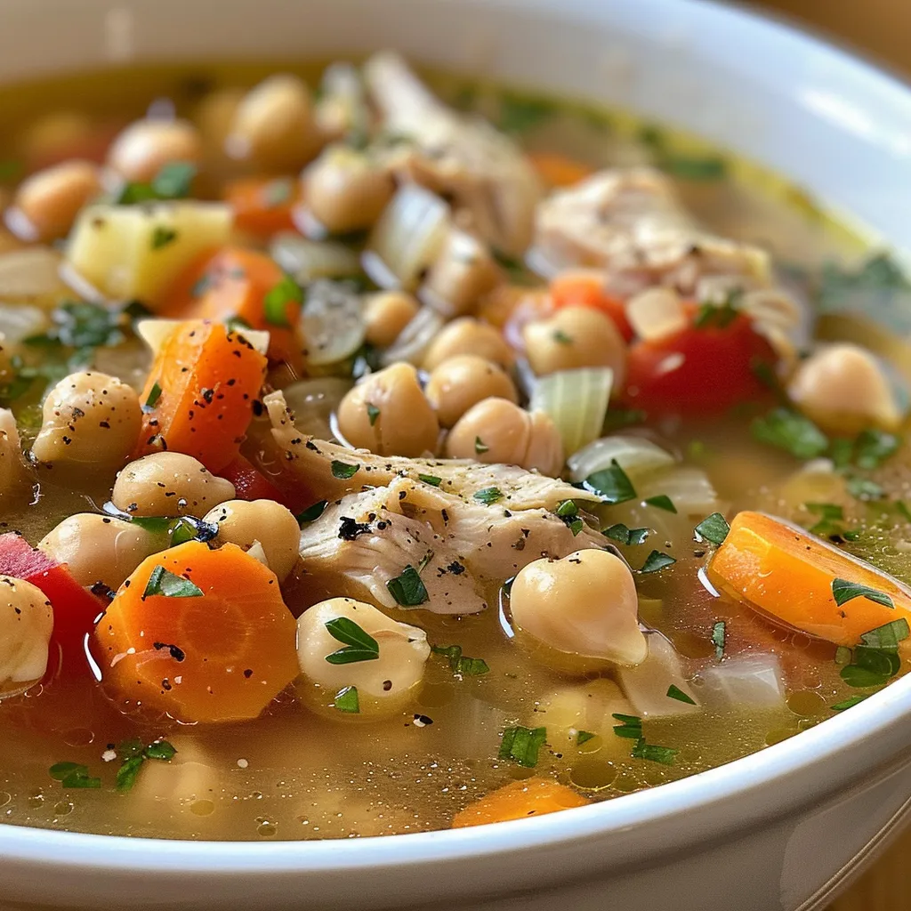 Juicy chickpea and chicken soup featuring vibrant vegetables.