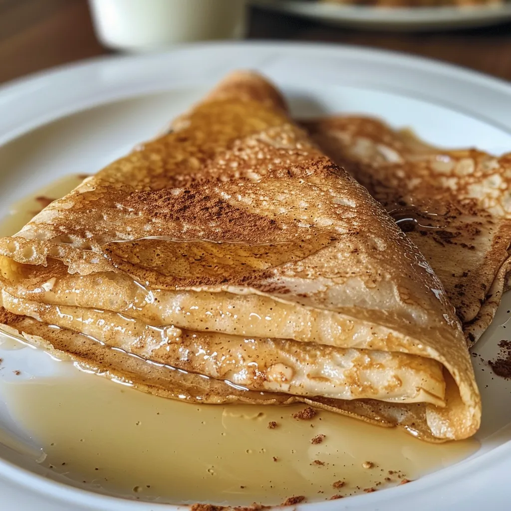 High protein cinnamon crepes captured in a side view, detailed with a drizzle of maple syrup and a sprinkle of cinnamon.