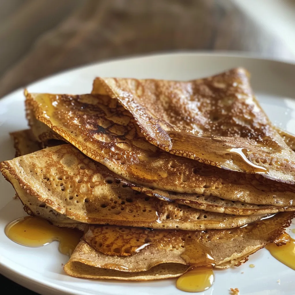 A stack of light and fluffy cinnamon crepes, with visible layers and a creamy topping, presented on a simple dish.