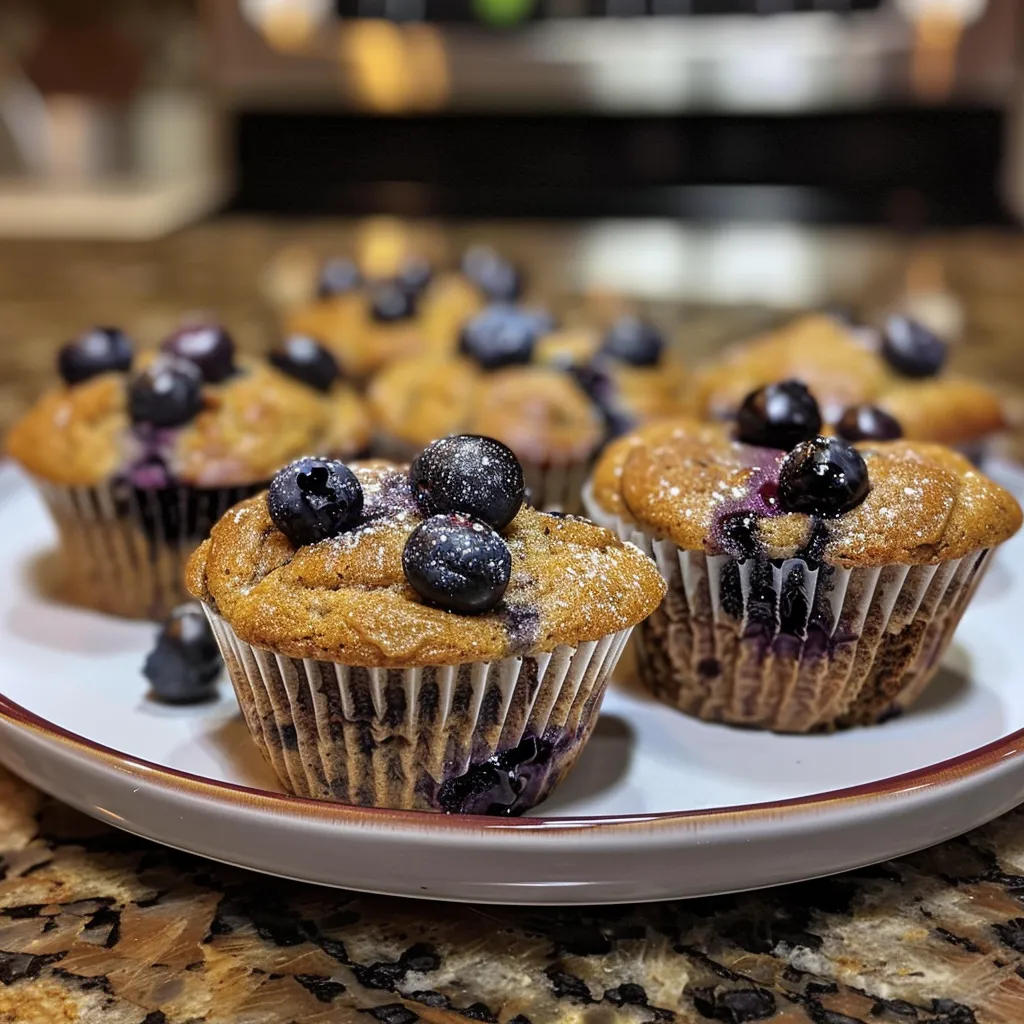 A side view showcasing fluffy, moist blueberry protein muffins, highlighting their rich blue berry filling.