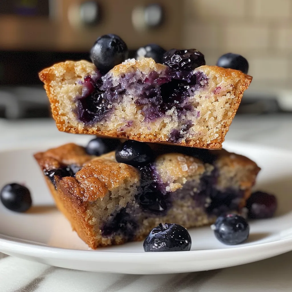 Juicy, golden-brown blueberry protein muffins displayed with a textured, crumbly topping.