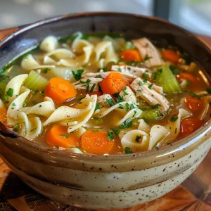 Delicious homestyle chicken noodle soup in a bowl, featuring herbs and spices alongside fresh ingredients.