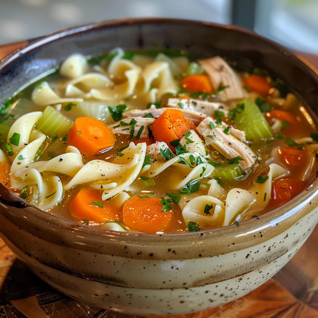 Delicious homestyle chicken noodle soup in a bowl, featuring herbs and spices alongside fresh ingredients.