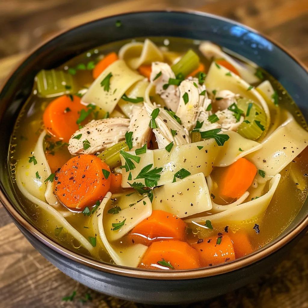 Warm bowl of chicken noodle soup, highlighting juicy chicken pieces and egg noodles surrounded by broth.