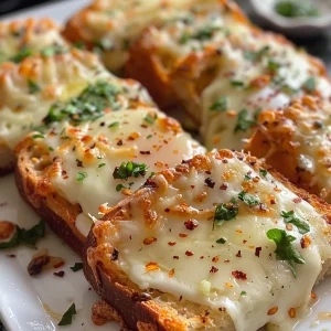 Delicious keto cheesy garlic bread topped with parsley flakes and melting cheese.