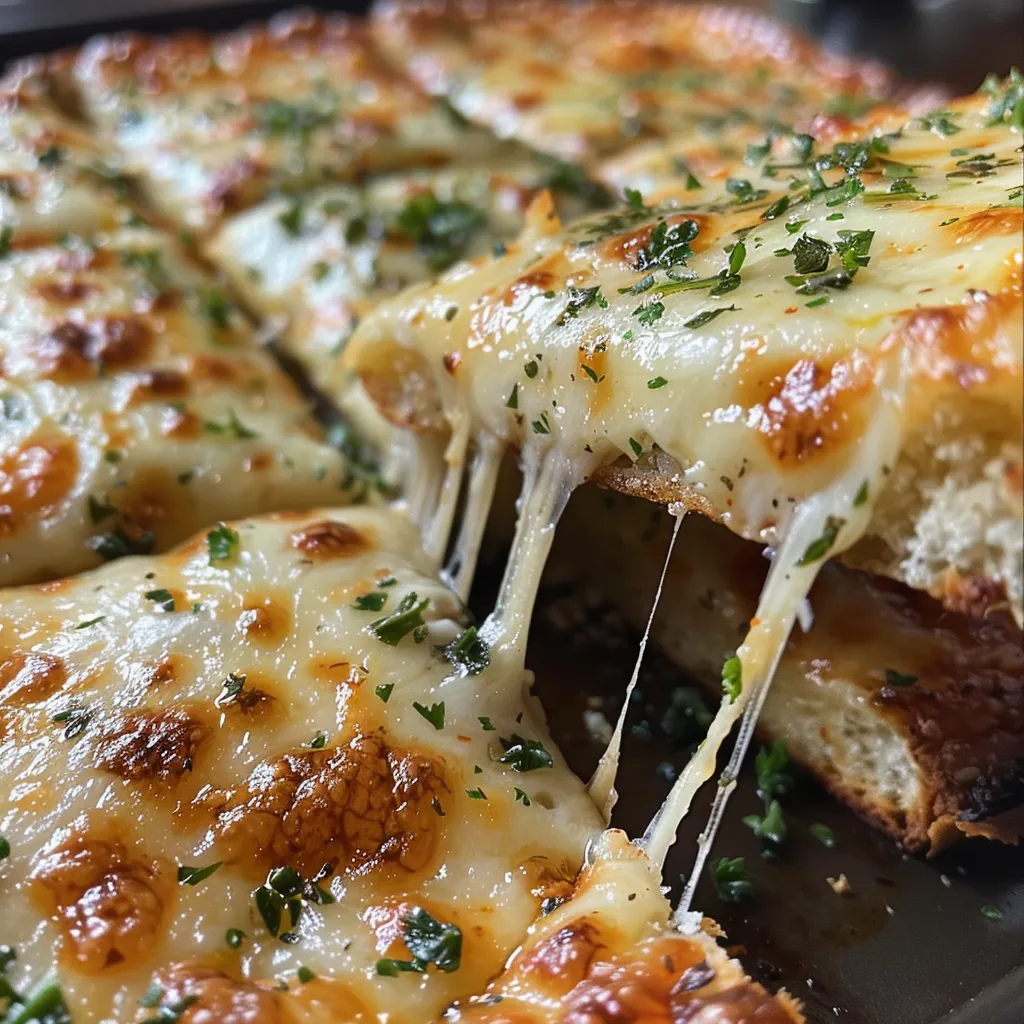 Juicy keto garlic bread with a crispy edge and vibrant cheese pulling apart.
