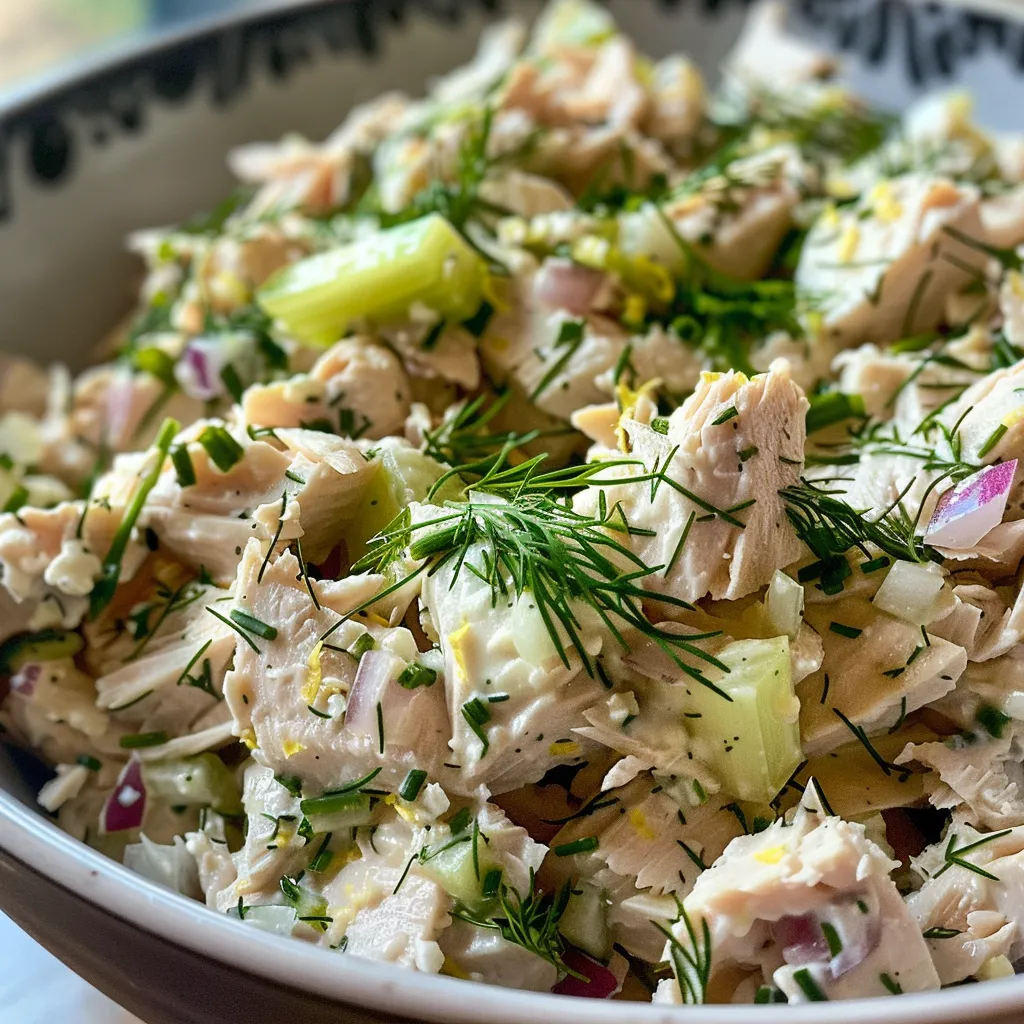 Detailed side view of Lemon Dill Tuna Salad, highlighting its fresh ingredients and vibrant colors.