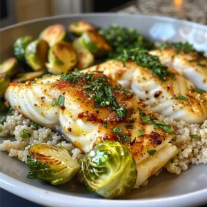 Juicy cod fillets with a lemon garlic sauce served alongside roasted Brussels sprouts and quinoa in a bowl.