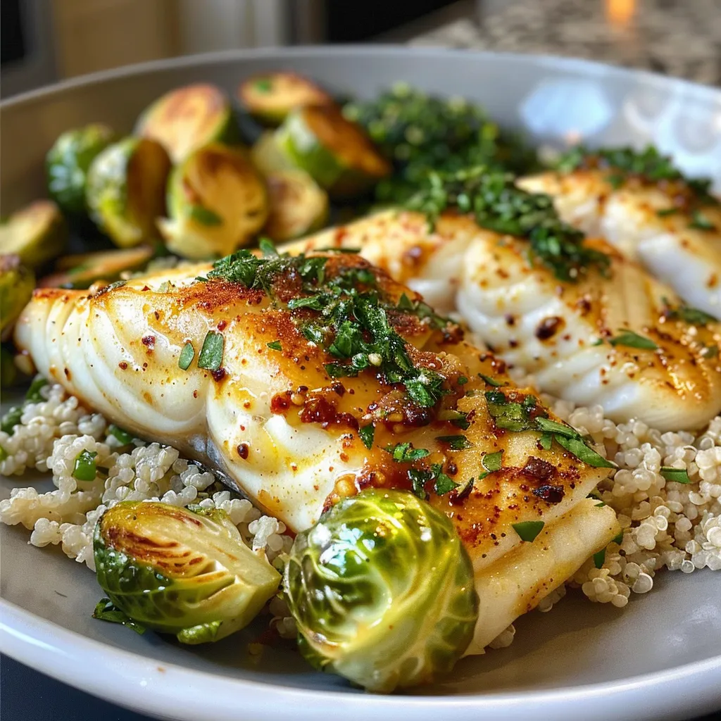 Juicy cod fillets with a lemon garlic sauce served alongside roasted Brussels sprouts and quinoa in a bowl.