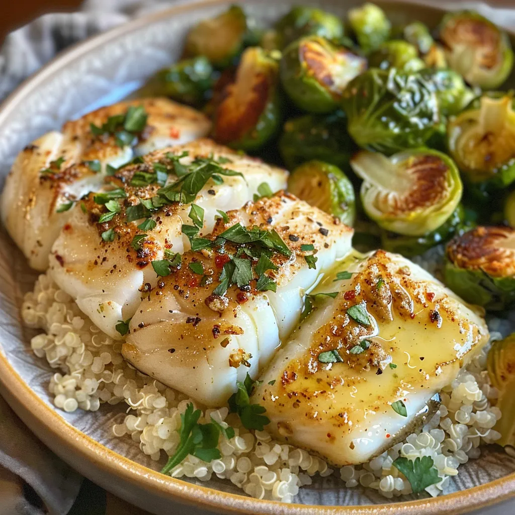 A side view of a flavorful cod bowl showcasing flaky fish, roasted vegetables, and grains, garnished with parsley.