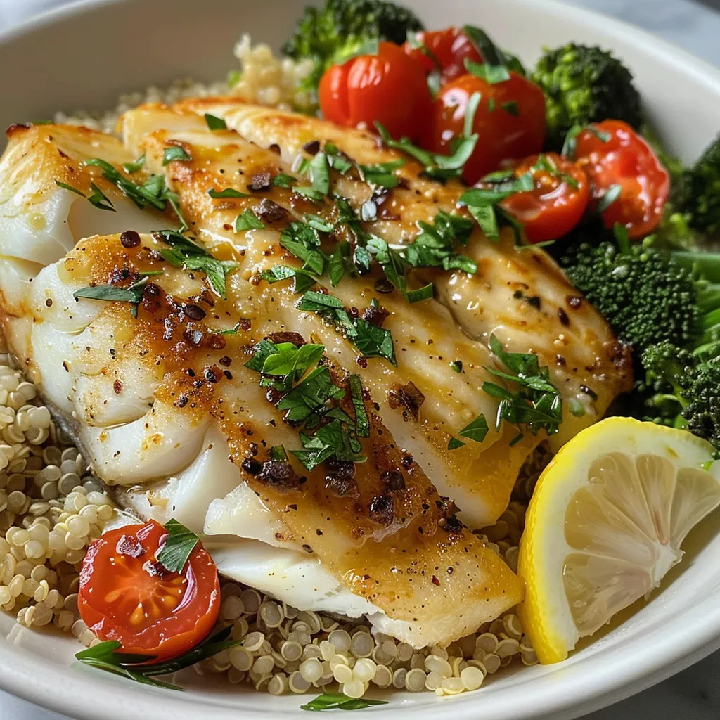 An appetizing Lemon Garlic Fish Bowl showcasing fillets of fish atop a bed of quinoa and steamed veggies.