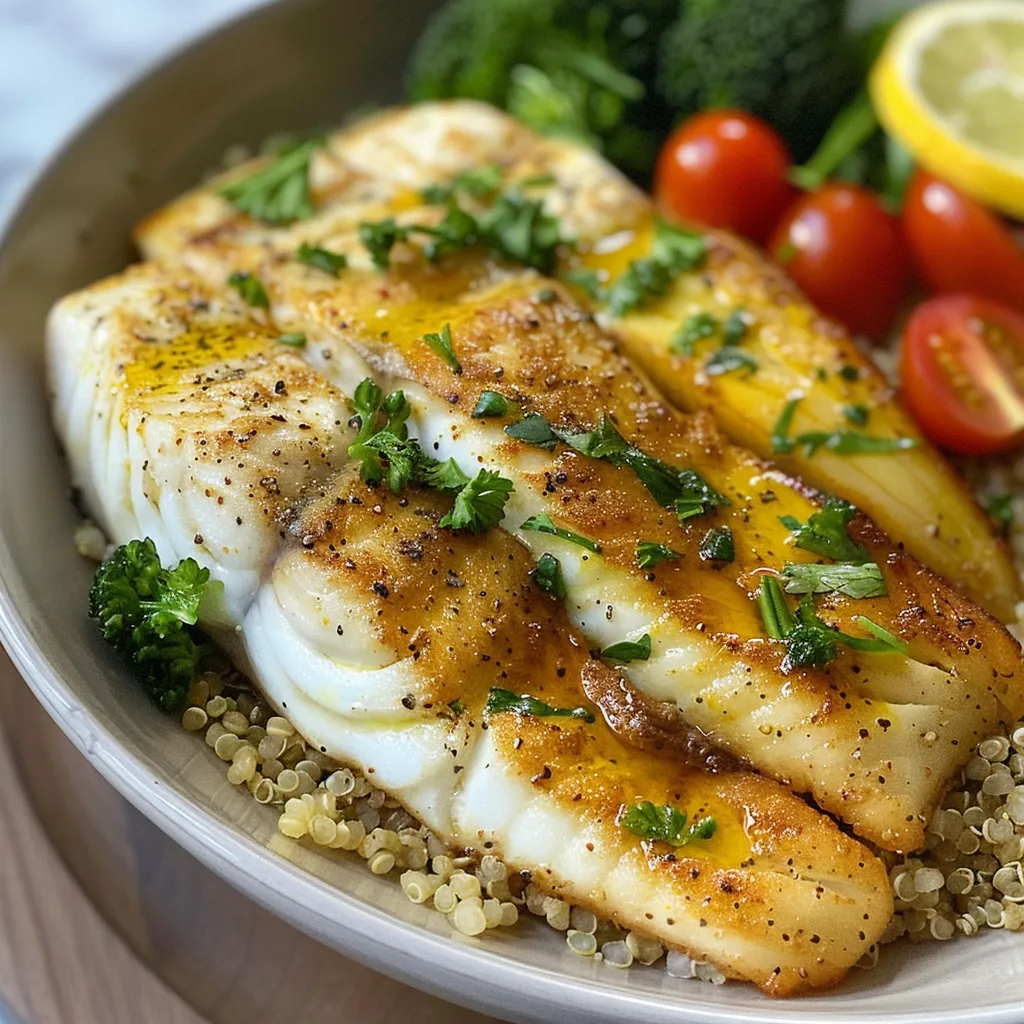A side view of a nutritious bowl filled with fish, quinoa, and fresh ingredients, drizzled with tahini.