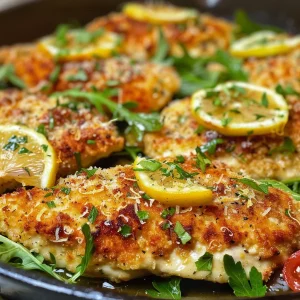 Side view of Lemon Parmesan Chicken served with a colorful arugula and tomato salad.