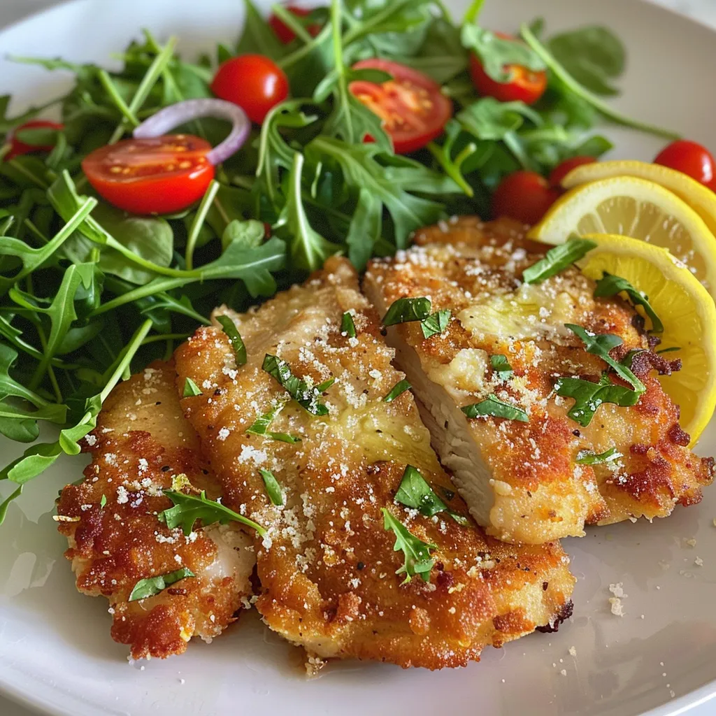 Detailed image of cooked chicken with a fresh salad on top, highlighting the textures and colors.