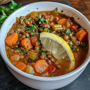 A vibrant, close-up image of lentil soup filled with carrots, celery, and greens.