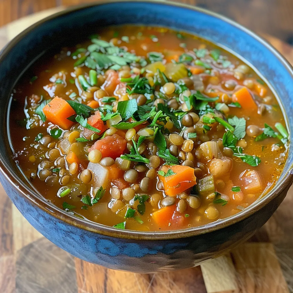 Detailed view of a hearty lentil soup with a rich color and texture.