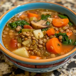 Juicy lentil vegetable soup featuring lentils, carrots, and spinach in a bowl.