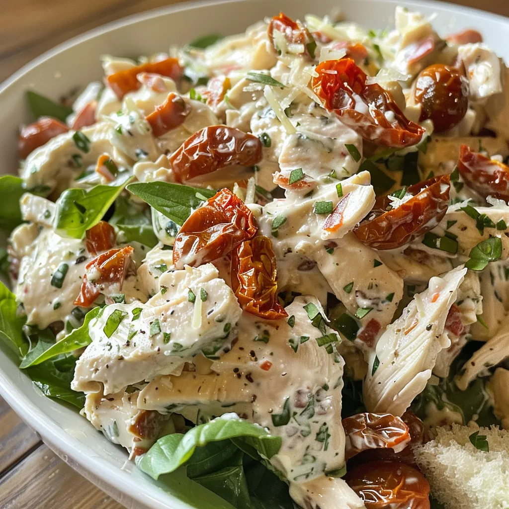 Close-up of a fresh Marry Me Chicken Salad with herbs and cheese.