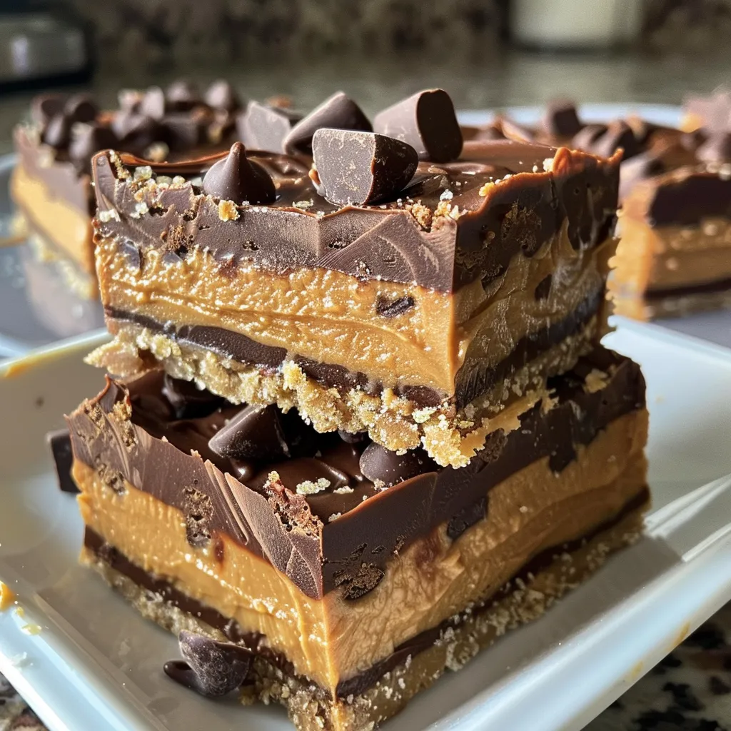 Juicy No Bake Peanut Butter Buckeye Bars displaying their rich chocolate and peanut butter combination.