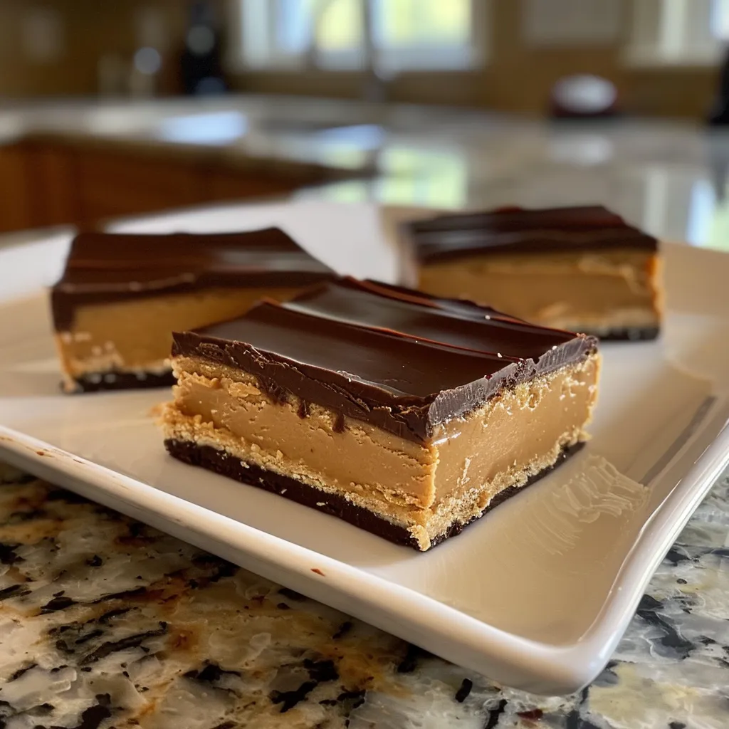 Close side angle of No Bake Peanut Butter Buckeye Bars highlighting the creamy filling and chocolate coating.