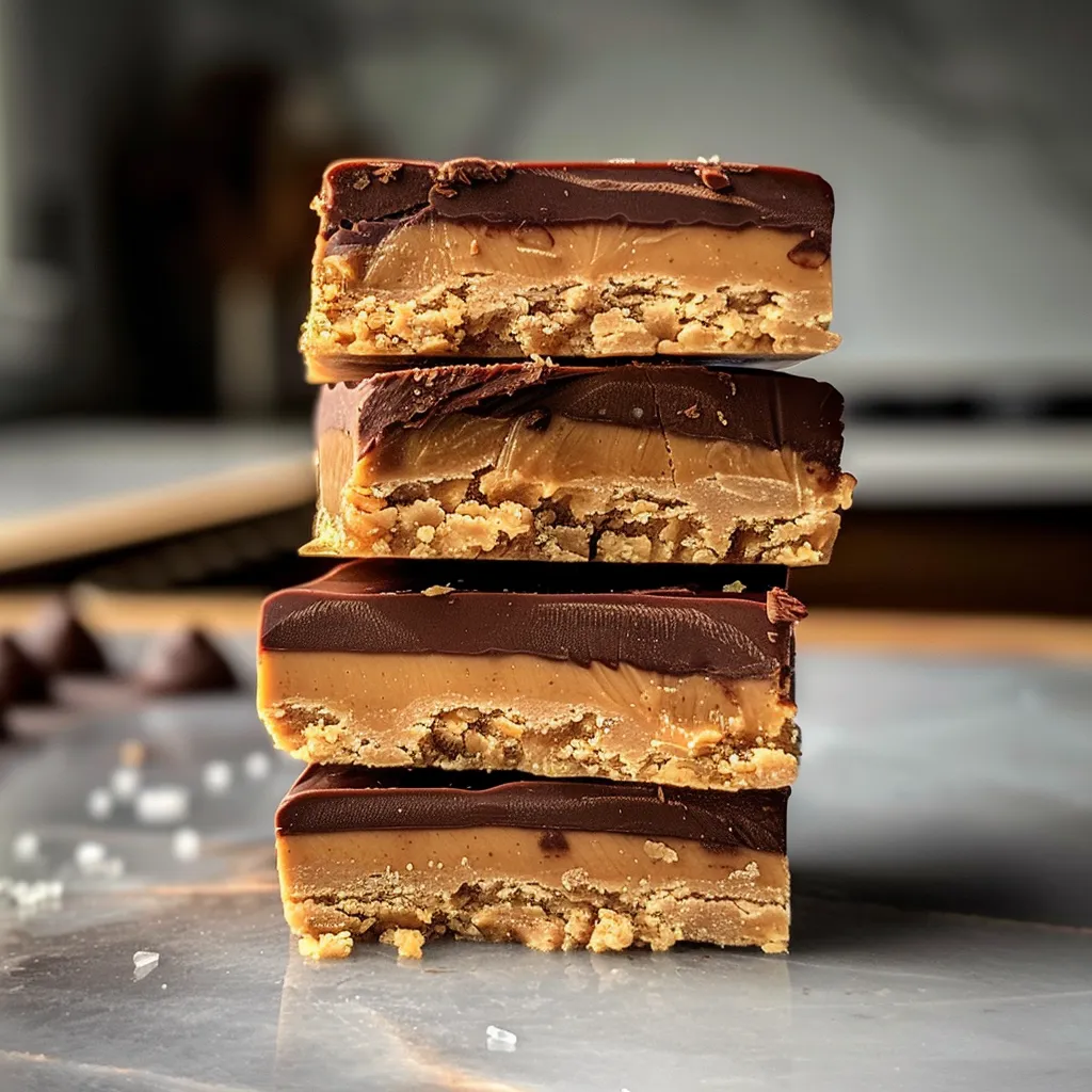 Detailed shot of No-Bake Peanut Butter Cup Bars highlighting the smooth peanut butter layers and chocolate.