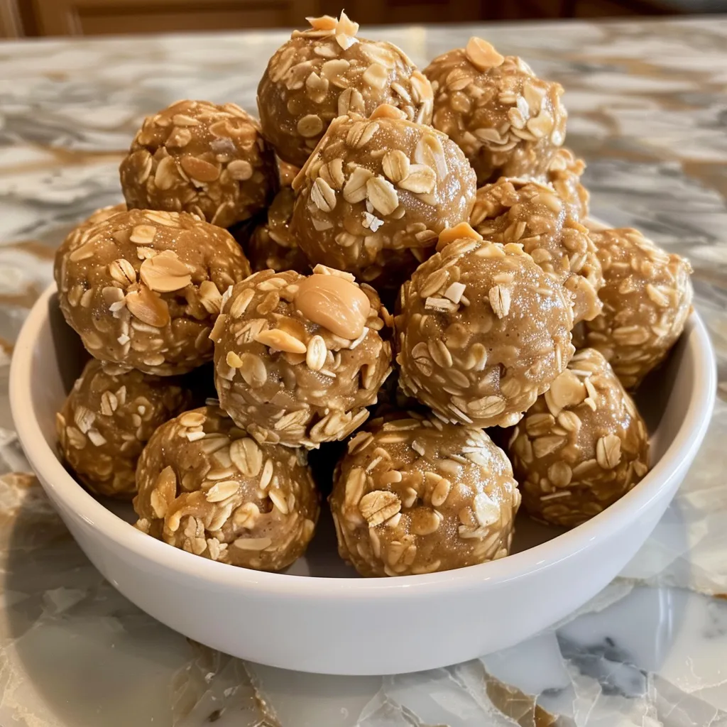 A cluster of homemade No-Bake Peanut Butter Energy Bites with visible oats.