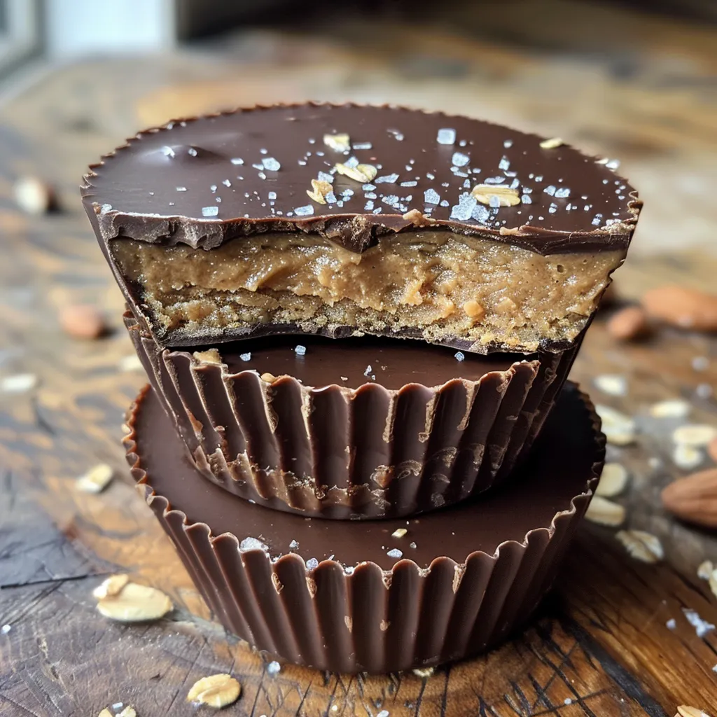 Delicious No-Bake Peanut Butter Protein Cups with a rich dark chocolate layer, seen from a close perspective.