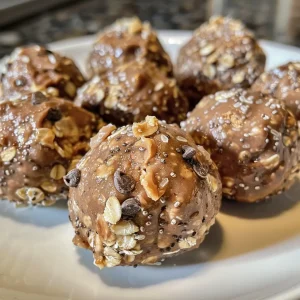 Juicy no bake protein balls surrounded by oats and chocolate chips.
