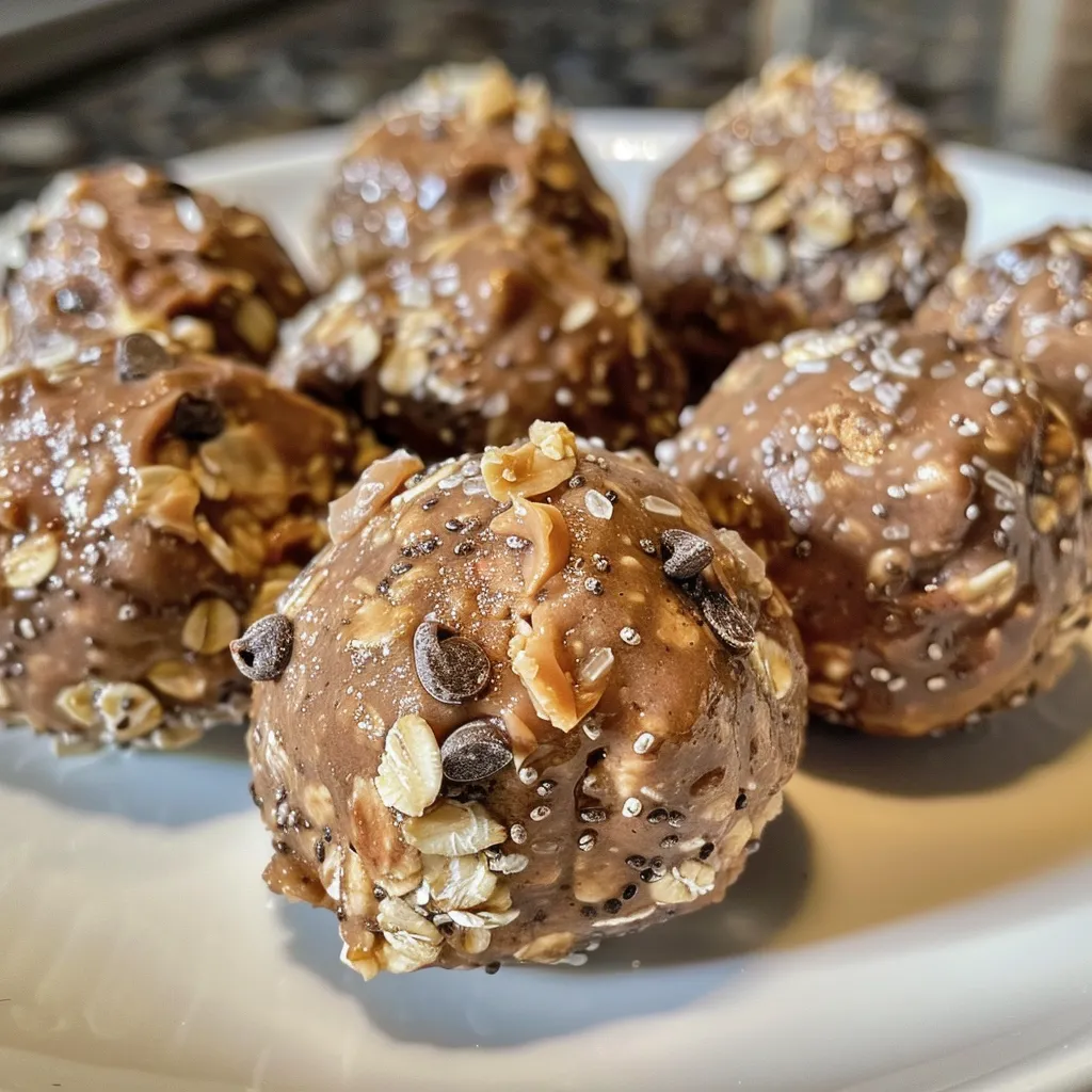 Juicy no bake protein balls surrounded by oats and chocolate chips.